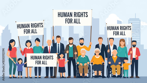 Vector art of a diverse community peacefully marching for equality, holding signs supporting universal human rights, promoting social justice and inclusion in an urban public setting