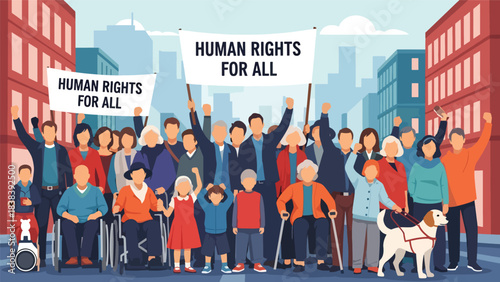 Vector art of a diverse community peacefully marching for equality, holding signs supporting universal human rights, promoting social justice and inclusion in an urban public setting