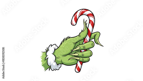 Whimsical green hand holding a festive candy cane, perfect for holiday celebrations and winter-themed designs
