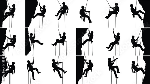 Rappelling and rock climbing icon set, silhouette figures with ropes and harnesses in action poses, cad drawing flat vector illustration