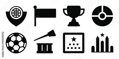 Set of solid black silhouette icons for soccer tournament, glyph style vector symbols including trophy, ball, stadium and player isolated on white background.