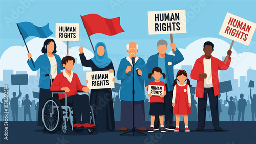 Vector art of a diverse community rallying for peace, justice, and unity, featuring a speaker, supportive crowd, and inclusive representation in an urban public demonstration