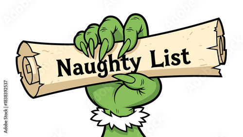 Green Monster's Hand Holding a Naughty List Scroll for Christmas Fun
