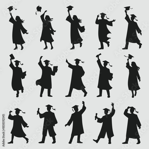 Graduates celebrating throwing caps in air silhouette animations