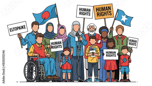 Vector art of a diverse community rallying for peace, justice, and unity, featuring a speaker, supportive crowd, and inclusive representation in an urban public demonstration