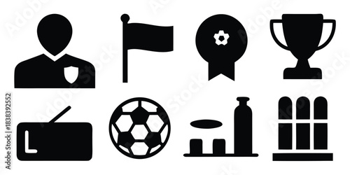 Set of solid black silhouette icons for soccer tournament, glyph style vector symbols including trophy, ball, stadium and player isolated on white background.