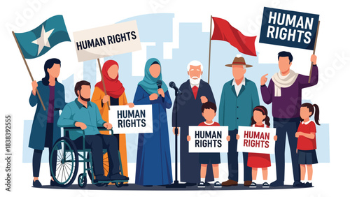 Vector art of a diverse community rallying for peace, justice, and unity, featuring a speaker, supportive crowd, and inclusive representation in an urban public demonstration