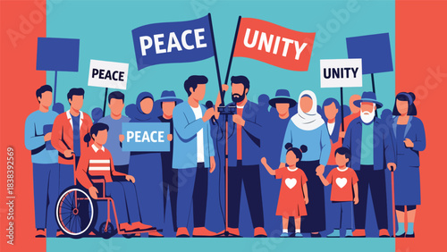 Vector art of a diverse community rallying for peace, justice, and unity, featuring a speaker, supportive crowd, and inclusive representation in an urban public demonstration