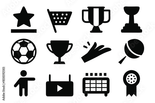 Set of solid black silhouette icons for soccer tournament, glyph style vector symbols including trophy, ball, stadium and player isolated on white background.