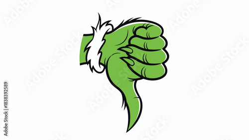 Green furry hand giving a thumbs down, symbolizing disapproval. Cartoon illustration for negative feedback, rejection, or discontent in a distinct graphic style
