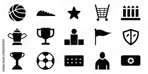 Set of solid black silhouette icons for soccer tournament, glyph style vector symbols including trophy, ball, stadium and player isolated on white background.