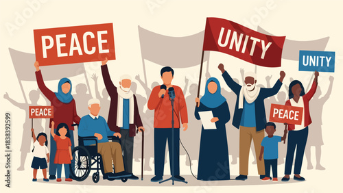 Vector art of a diverse community rallying for peace, justice, and unity, featuring a speaker, supportive crowd, and inclusive representation in an urban public demonstration