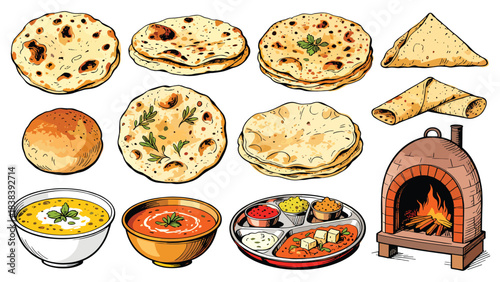 Indian food illustration. Various types of naan bread. Tandoor oven. Bowls of sauce and curry. Flatbreads and snacks on white background. Vector