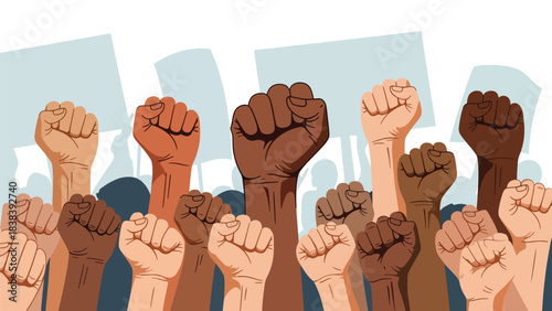 Vector art of raised hands holding peace, equality, and freedom symbols during a powerful social justice demonstration, expressing unity, activism, and collective empowerment in an urban setting