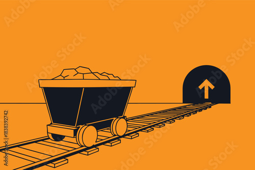 Mining cart full of raw materials moving towards an upward arrow in a tunnel, line art illustration, yellow background.