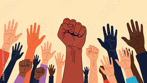 Vector art of raised hands holding peace, equality, and freedom symbols during a powerful social justice demonstration, expressing unity, activism, and collective empowerment in an urban setting