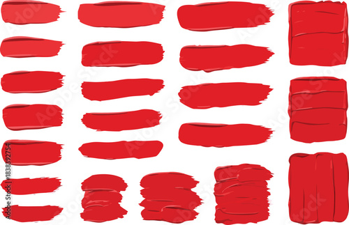 Vibrant red acrylic paint strokes and rectangular swatches collection, diverse brush traces, isolated on transparent background.