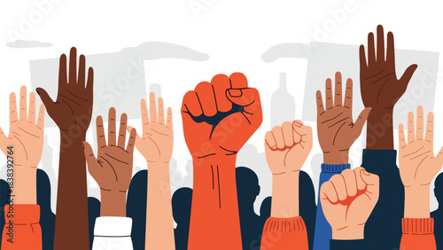 Vector art of raised hands holding peace, equality, and freedom symbols during a powerful social justice demonstration, expressing unity, activism, and collective empowerment in an urban setting
