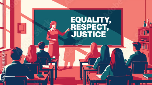 Vector art of a teacher explaining equality, respect, and justice to students in a classroom, promoting inclusive education, positive values, and social awareness in a school setting