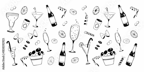 A playful sketch featuring various cocktail glasses bottles and citrus fruit slices