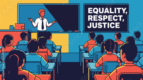 Vector art of a teacher explaining equality, respect, and justice to students in a classroom, promoting inclusive education, positive values, and social awareness in a school setting