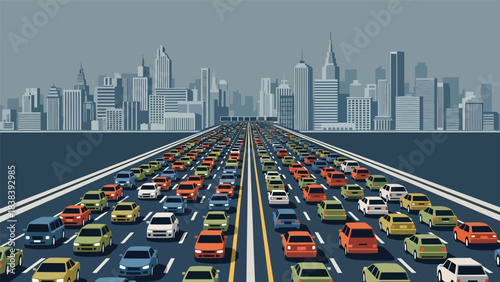 Vector art of heavy traffic on a busy highway leading into a modern city skyline, illustrating urban commuting, transportation challenges, and metropolitan infrastructure in a fast-paced environment