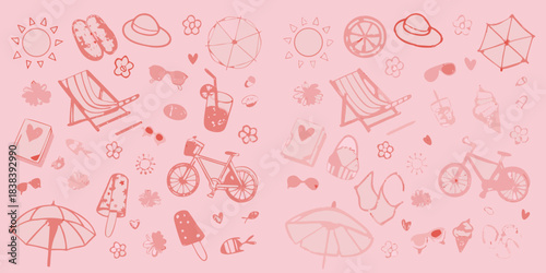 A charming doodle collection featuring summer icons in a soft pink hue