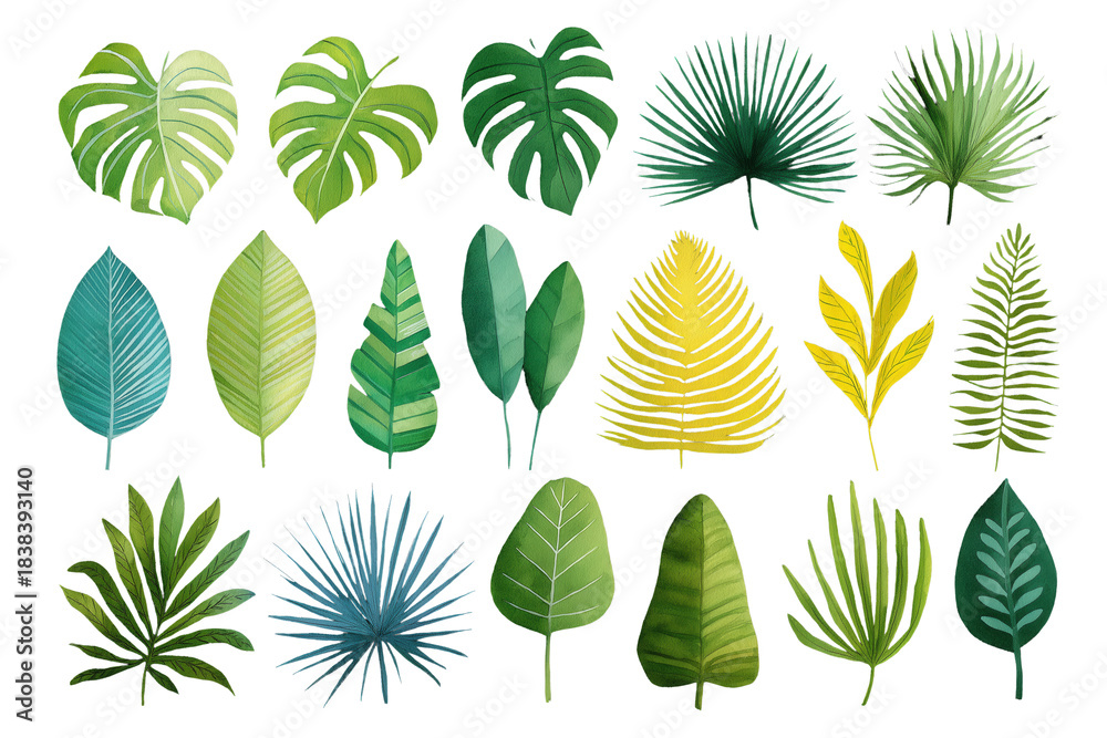 Fototapeta premium Diverse Hand Drawn Watercolor Set of Tropical and Botanical Leaves