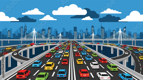 Vector art of heavy traffic on a busy highway leading into a modern city skyline, illustrating urban commuting, transportation challenges, and metropolitan infrastructure in a fast-paced environment