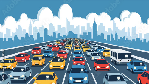 Vector art of heavy traffic on a busy highway leading into a modern city skyline, illustrating urban commuting, transportation challenges, and metropolitan infrastructure in a fast-paced environment
