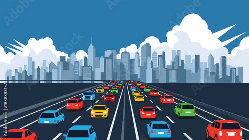 Vector art of heavy traffic on a busy highway leading into a modern city skyline, illustrating urban commuting, transportation challenges, and metropolitan infrastructure in a fast-paced environment