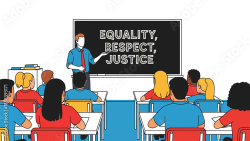 Vector art of a teacher explaining equality, respect, and justice to students in a classroom, promoting inclusive education, positive values, and social awareness in a school setting