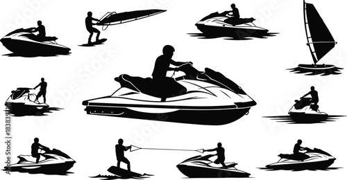 Water sports icon set, jet ski, wakeboard, windsurf silhouette collection for summer recreation, cad drawing flat vector illustration