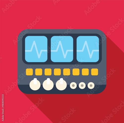 Medical monitor displaying patient vital signs and heart rate on a red background