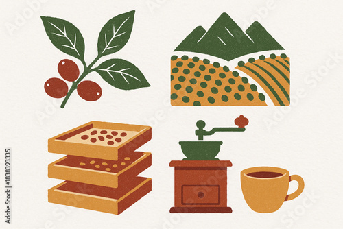 Peruvian coffee region vector icons in torn textured tight grid on white background