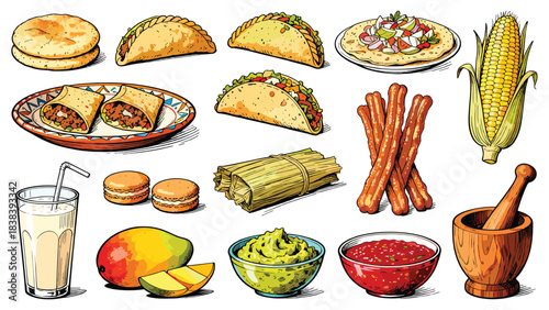 Mexican food and drink icons. Tacos, burritos, corn, cinnamon sticks, guacamole, salsa, mortar, mango, cookies, milkshake. Vector illustration on