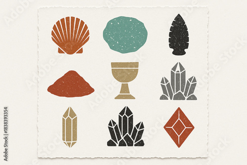 Peruvian minerals and stones vector icons in torn textured grid on white background