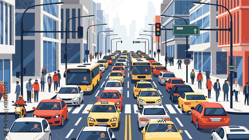 Vector art of busy city traffic with cars, buses, taxis, and motorcycles moving through a crowded urban street, illustrating modern transportation, commuting challenges, and metropolitan congestion