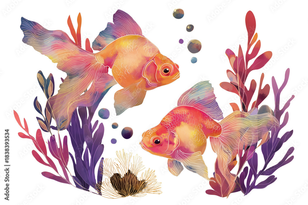 Obraz premium Goldfish And Seaweed Set Hand Drawn Watercolor Flowers Illustration Style