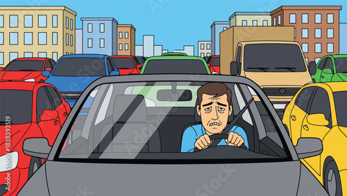 Vector art of a stressed driver stuck in heavy traffic, illustrating frustration during a daily commute and highlighting urban transportation challenges in a busy city environment