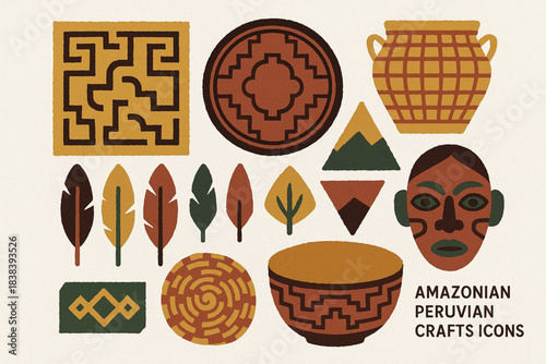 Amazonian Peruvian crafts vector icons in torn textured geometric grid on white background