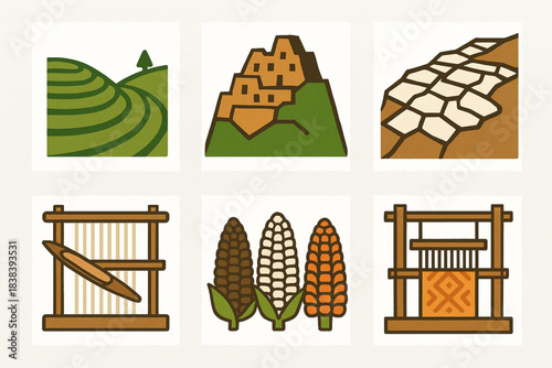 Sacred Valley of the Incas vector icons in torn textured geometric grid on white background