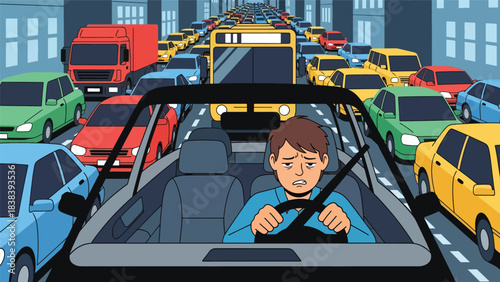 Vector art of a stressed driver stuck in heavy traffic, illustrating frustration during a daily commute and highlighting urban transportation challenges in a busy city environment