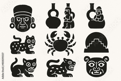 Mochica culture vector icons in torn textured tidy grid on white background