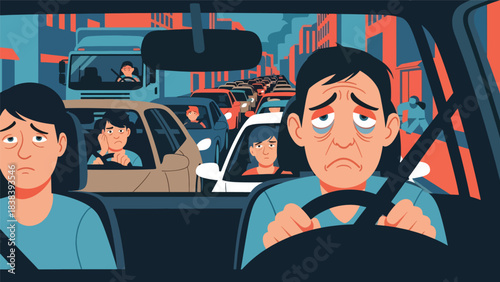 Vector art of a stressed driver stuck in heavy traffic, illustrating frustration during a daily commute and highlighting urban transportation challenges in a busy city environment