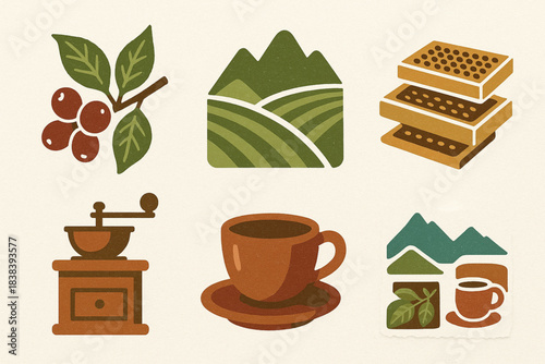 Peruvian coffee region vector icons in torn textured tight grid on white background