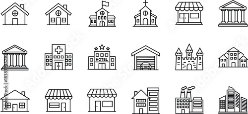 Minimalist Buildings and Structures Line Art Icon Set, Residential, Commercial, Public, Education, and City Skyline Vector Graphic Collection