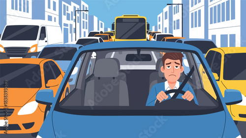 Vector art of a stressed driver stuck in heavy traffic, illustrating frustration during a daily commute and highlighting urban transportation challenges in a busy city environment