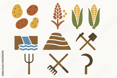Peruvian agriculture vector icons in torn textured neat grid on white background