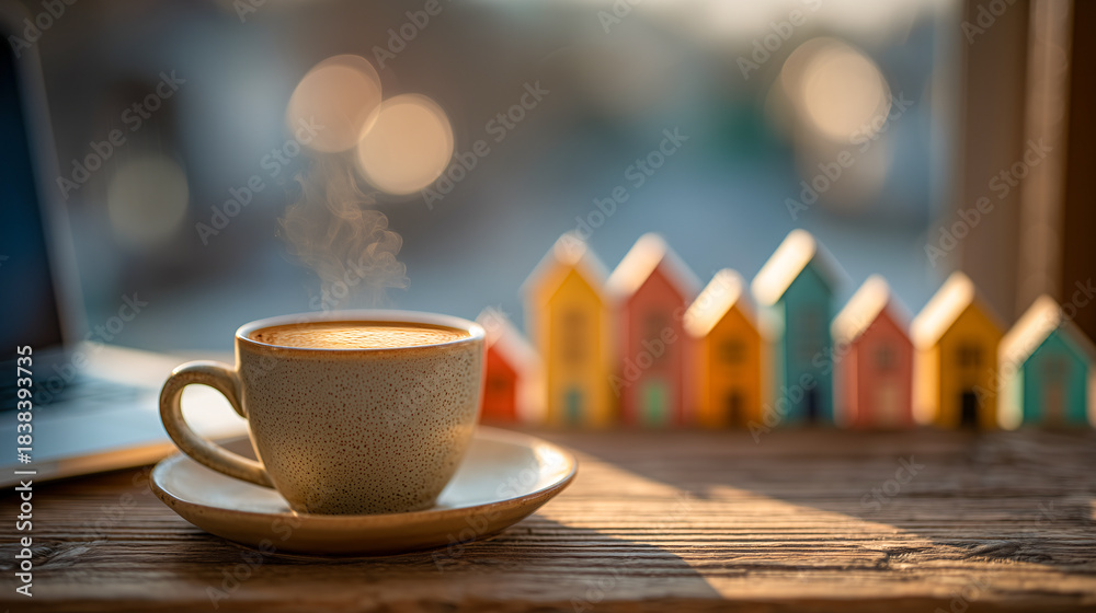 Obraz premium Warm morning light shines on steaming cup of coffee on wooden desk, with colorful miniature houses in background, evoking cozy and hopeful first time buyer moment